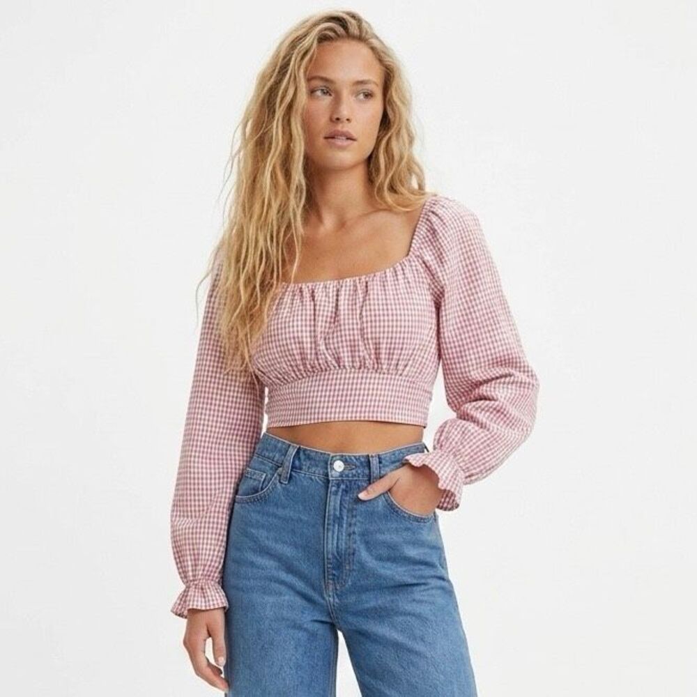 Beyond The Radar Gingham Crop Top Tie Back Long Sleeve Peasant Western Large